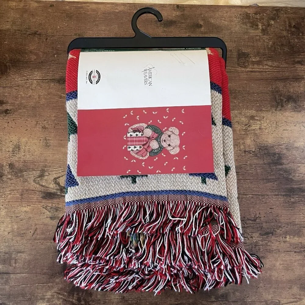 Vintage American Weavers Holiday Throw Blanket Teddy Bear Christmas Woven NEW